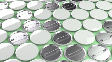 Yeşil arka plan boş beyaz rozetleri. PIN düğmesini mockup. 3D render illüstrasyon