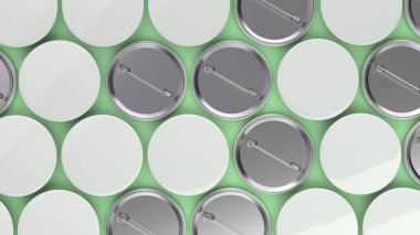 Yeşil arka plan boş beyaz rozetleri. PIN düğmesini mockup. 3D render illüstrasyon