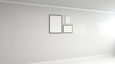 Boş beyaz poster duvara renkli çerçeve içinde. Resim ya da fotoğraf mockup. 3D render illüstrasyon