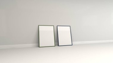 Renkli çerçeve ayakta duvara yakın yerdeki boş beyaz poster. Resim ya da fotoğraf mockup. 3D render illüstrasyon