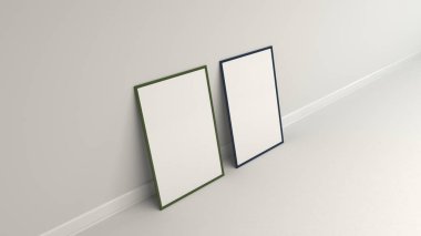 Renkli çerçeve ayakta duvara yakın yerdeki boş beyaz poster. Resim ya da fotoğraf mockup. 3D render illüstrasyon