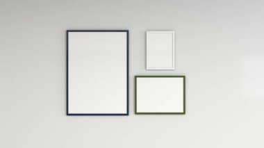 Boş beyaz poster duvara renkli çerçeve içinde. Resim ya da fotoğraf mockup. 3D render illüstrasyon
