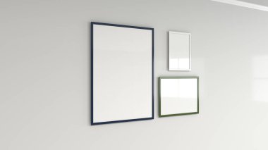 Boş beyaz poster duvara renkli çerçeve içinde. Resim ya da fotoğraf mockup. 3D render illüstrasyon
