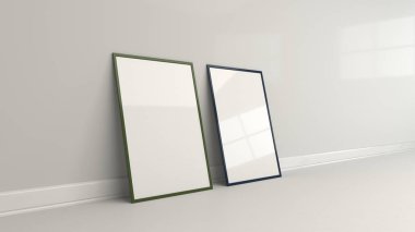 Renkli çerçeve ayakta duvara yakın yerdeki boş beyaz poster. Resim ya da fotoğraf mockup. 3D render illüstrasyon