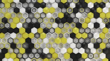 3d arka plan beyaz arka planda siyah, beyaz ve sarı altıgenler yapılmış. Altıgen yanarak bahislerin doğru duvarına. Petek desen. 3D render illüstrasyon