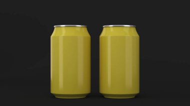 İki küçük sarı alüminyum tozu siyah arka plan üzerine mockup kutular. Bira veya içecek teneke paketi. 3D render illüstrasyon