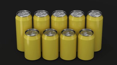 Büyük ve küçük sarı gazoz siyah arka plan üzerine iki raws ayakta kutular. İçecek mockup. Bira veya içecek teneke paketi. 3D render illüstrasyon