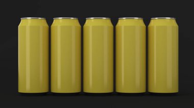 Büyük ve küçük sarı gazoz siyah arka plan üzerine iki raws ayakta kutular. İçecek mockup. Bira veya içecek teneke paketi. 3D render illüstrasyon