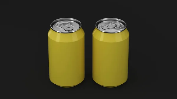 Due Piccole Lattine Alluminio Giallo Soda Mockup Sfondo Nero Pacchetto — Foto Stock
