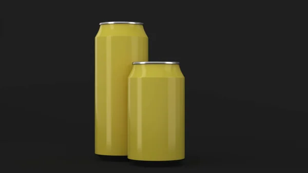 Grande Pequeno Latas Refrigerante Alumínio Amarelo Mockup Fundo Preto Pacote — Fotografia de Stock