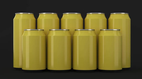 Big Small Yellow Soda Cans Standing Two Raws Black Background — Stock Photo, Image