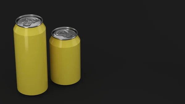 Grande Pequeno Latas Refrigerante Alumínio Amarelo Mockup Fundo Preto Pacote — Fotografia de Stock