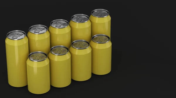 Grote Kleine Gele Soda Blikjes Staande Twee Raws Zwarte Achtergrond — Stockfoto