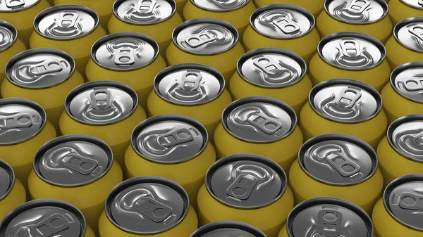 Big yellow soda cans on black background. Beverage mockup. Tin package of beer or drink. 3D rendering illustration