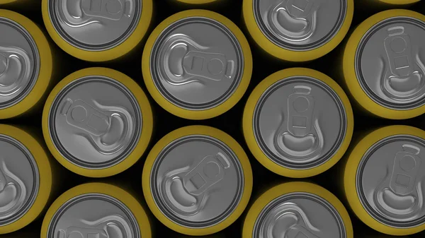 Big yellow soda cans on black background. Beverage mockup. Tin package of beer or drink. 3D rendering illustration