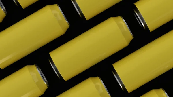 Auf Schwarzem Hintergrund Stapeln Sich Gelbe Getränkedosen Getränk Attrappe Dosenpackung — Stockfoto