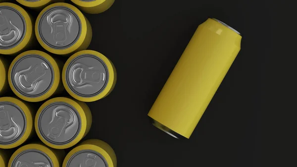 Grote Gele Soda Blikjes Zwarte Achtergrond Drank Mockup Tin Pakket — Stockfoto