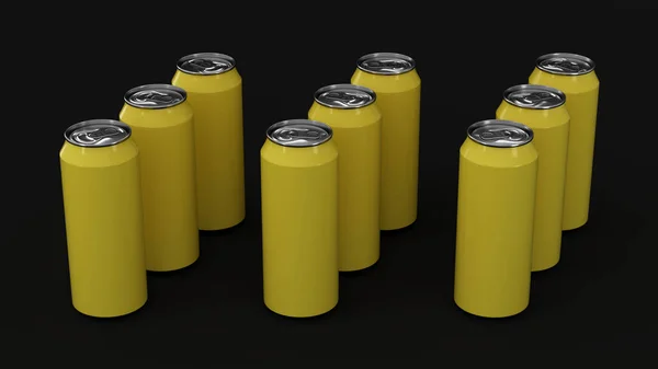 黑色背景的黄色汽水罐的原料 饮料样机 锡包啤酒或饮料 渲染插图 — 图库照片