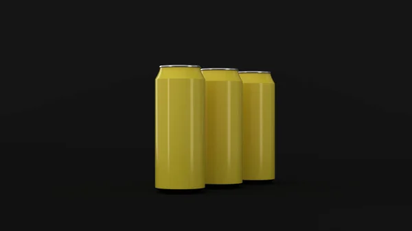 Cru Latas Refrigerante Amarelo Sobre Fundo Preto Mockup Bebidas Pacote — Fotografia de Stock