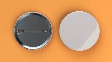 Turuncu arka plan boş beyaz rozet. PIN düğmesini mockup. 3D render illüstrasyon