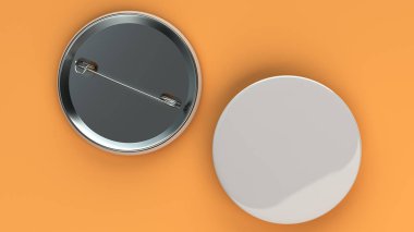 Turuncu arka plan boş beyaz rozet. PIN düğmesini mockup. 3D render illüstrasyon