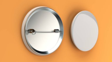 Turuncu arka plan boş beyaz rozet. PIN düğmesini mockup. 3D render illüstrasyon