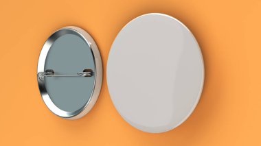 Turuncu arka plan boş beyaz rozet. PIN düğmesini mockup. 3D render illüstrasyon