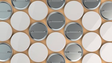 Turuncu arka plan boş beyaz rozetleri. PIN düğmesini mockup. 3D render illüstrasyon