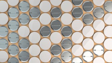 Turuncu arka plan boş beyaz rozetleri. PIN düğmesini mockup. 3D render illüstrasyon