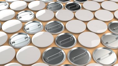 Turuncu arka plan boş beyaz rozetleri. PIN düğmesini mockup. 3D render illüstrasyon