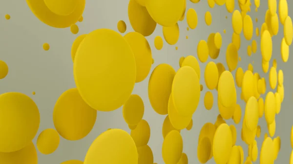 白い背景のランダムなサイズの黄色のディスク 抽象的な背景の円 壁の前にサークルの雲 レンダリング図 — ストック写真