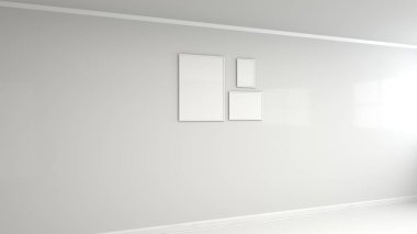 Duvardaki beyaz çerçeve içinde boş beyaz posteri. Resim ya da fotoğraf mockup. 3D render illüstrasyon