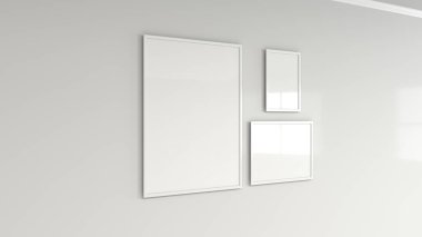 Duvardaki beyaz çerçeve içinde boş beyaz posteri. Resim ya da fotoğraf mockup. 3D render illüstrasyon