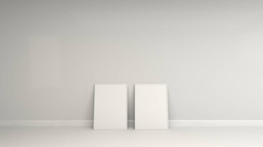 Beyaz bir çerçeve ayakta duvara yakın yerdeki boş beyaz poster. Resim ya da fotoğraf mockup. 3D render illüstrasyon
