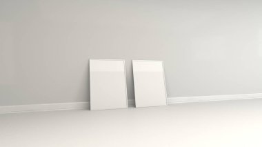 Beyaz bir çerçeve ayakta duvara yakın yerdeki boş beyaz poster. Resim ya da fotoğraf mockup. 3D render illüstrasyon