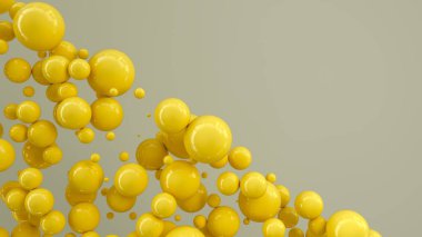 Beyaz arka plan üzerinde rastgele büyüklükteki sarı küreler. Arka plan daire ile. Bulut çevrelerin duvar önünde. 3D render illüstrasyon