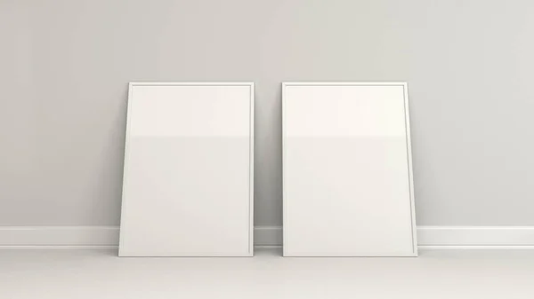 Blank white poster in white frame standing on the floor near the wall. Picture or photo mockup. 3D render illustration