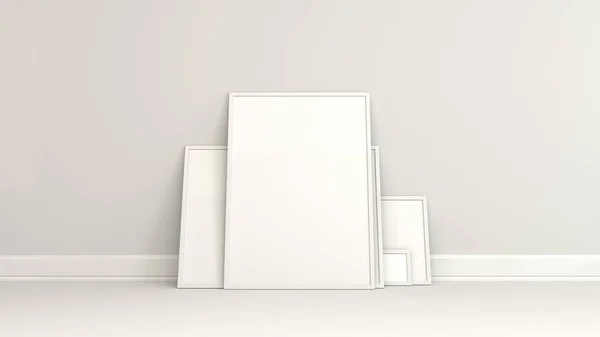 Blank White Posters White Frames Standing Floor Wall Picture Photo — Stock Photo, Image