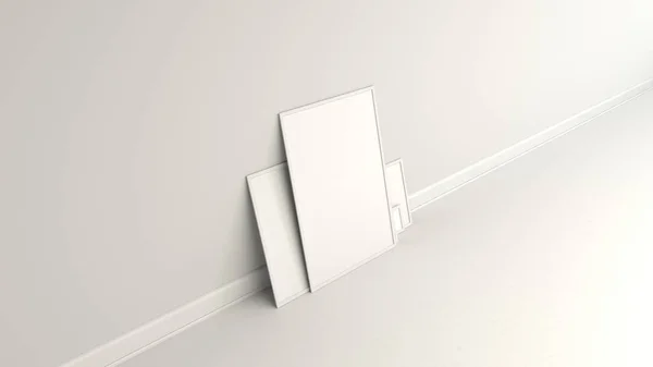 Blank White Posters White Frames Standing Floor Wall Picture Photo — Stock Photo, Image