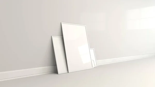 Blank White Posters White Frames Standing Floor Wall Picture Photo — Stock Photo, Image