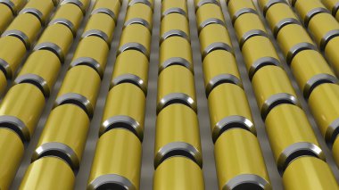 Beyaz zemin üzerine sarı gazoz RAWs kutular. İçecek mockup. Bira veya içecek teneke paketi. 3D render illüstrasyon