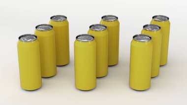 Beyaz zemin üzerine sarı gazoz teneke ham. İçecek mockup. Bira veya içecek teneke paketi. 3D render illüstrasyon