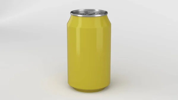空白小黄铝苏打可以在白色背景下进行样机 锡包啤酒或饮料 渲染插图 — 图库照片