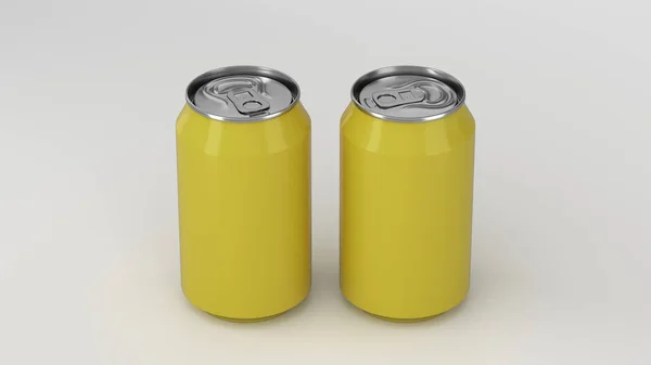 Dwa Małe Żółte Aluminium Soda Puszek Makieta Białym Tle Cyna — Zdjęcie stockowe