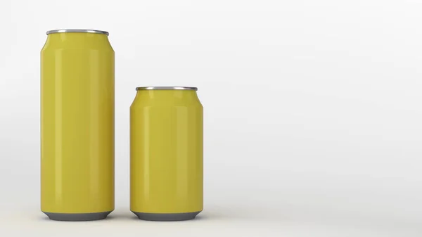 大小の黄色いアルミのソーダ缶を白い背景のモックアップ ビールやドリンクの錫のパッケージです レンダリング図 — ストック写真