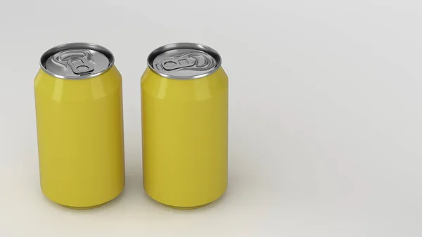 Δύο Μικρά Κίτρινα Αλουμινίου Σόδα Δοχεία Κοροϊδεύω Άσπρο Φόντο Τενεκεδένια — Φωτογραφία Αρχείου