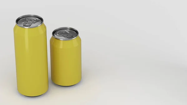 Grote Kleine Gele Aluminium Soda Blikjes Mockup Witte Achtergrond Tin — Stockfoto