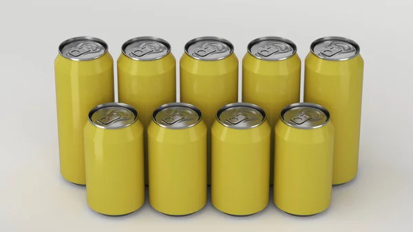 Grote Kleine Gele Soda Blikjes Staande Twee Raws Witte Achtergrond — Stockfoto