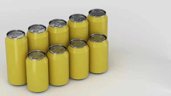 Grandes Pequenas Latas Refrigerante Amarelo Duas Raws Sobre Fundo Branco — Fotografia de Stock