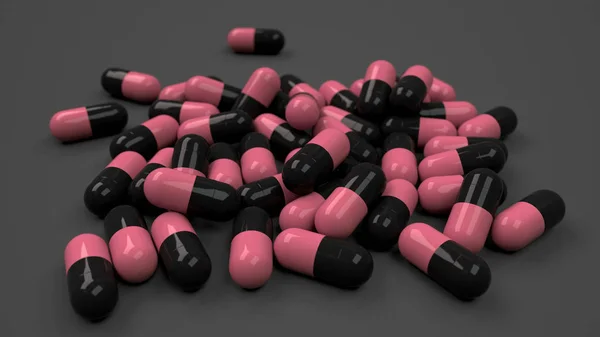 一堆黑色和红色的药物胶囊在黑色的背景 医疗或药学的概念 渲染插图 — 图库照片